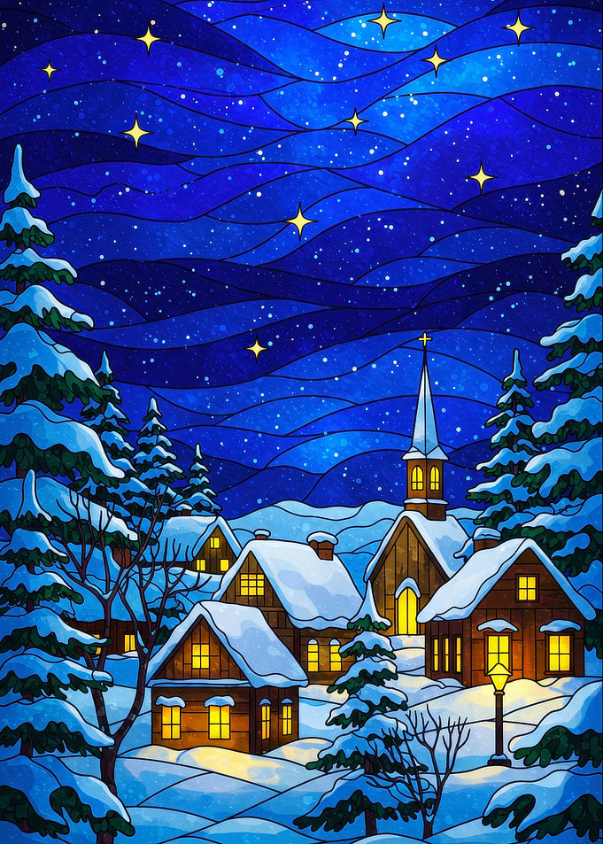 Winter Village Stained Glass Illustration