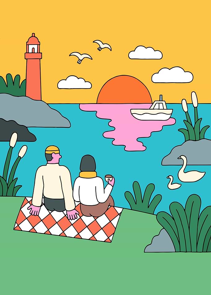Couple's Lakeside Picnic at Sunset Illustration