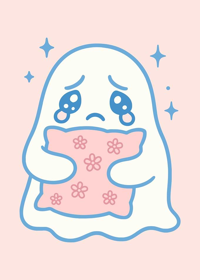 Sad Crying Ghost with Pillow in Pastels