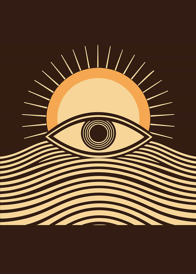 Eye, Sun, and Waves Illustration in Brown