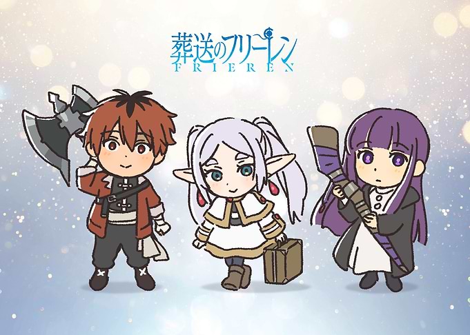 Chibi Frieren Trio on Sparkling Background