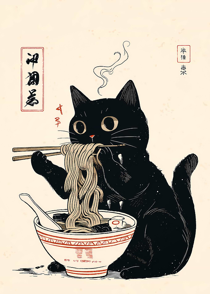 Black Cat Eating Ramen Noodles