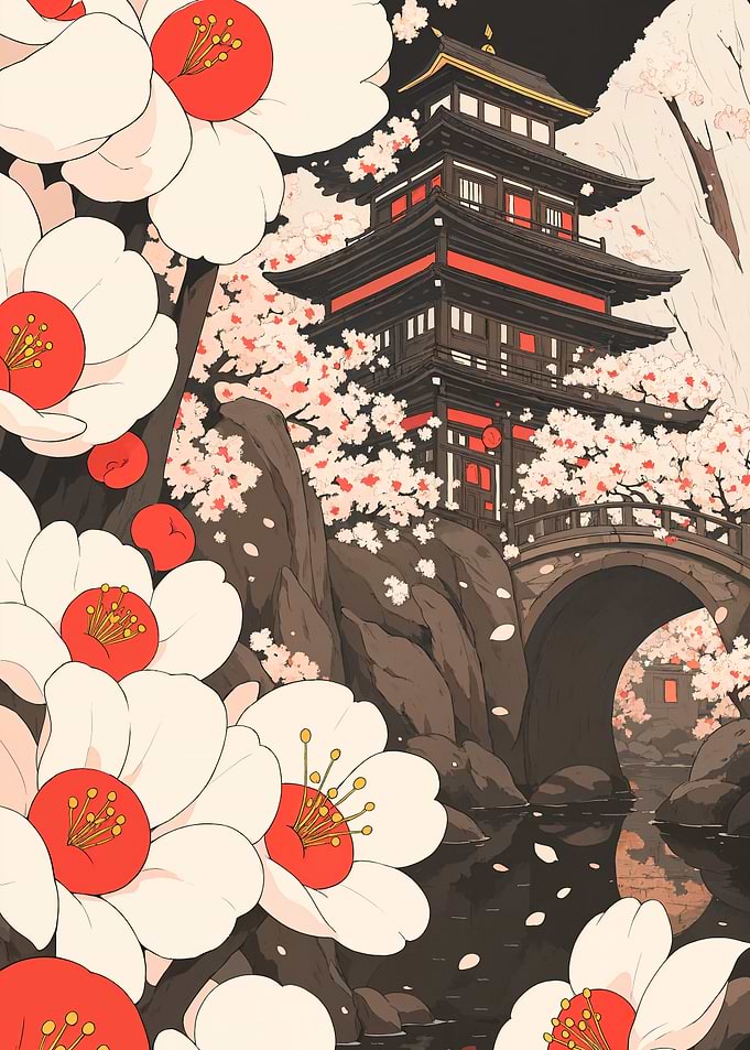 Japanese Temple with Cherry Blossoms