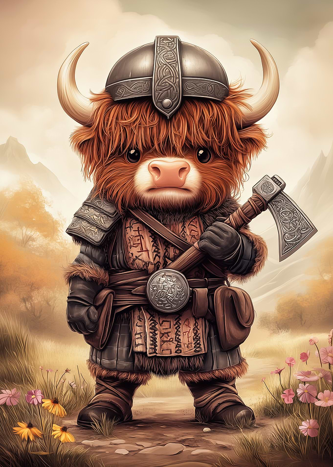 Cute Highland Cow Viking Warrior
