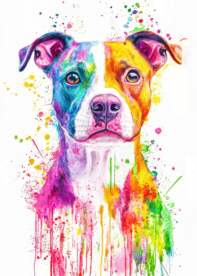 Colorful Pitbull Watercolor Portrait - Vibrant Watercolor Pitbull | Artistic Canine