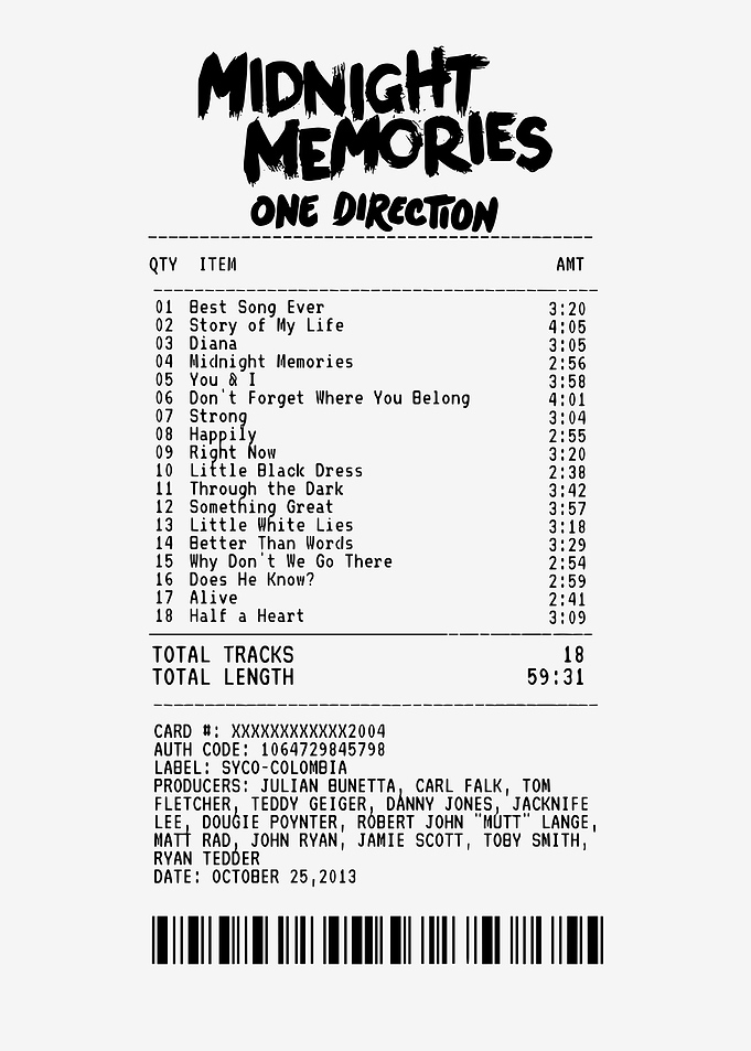 One Direction Midnight Memories Receipt