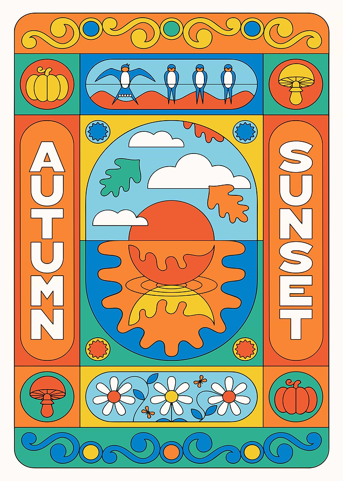 Autumn Sunset Retro Art Print