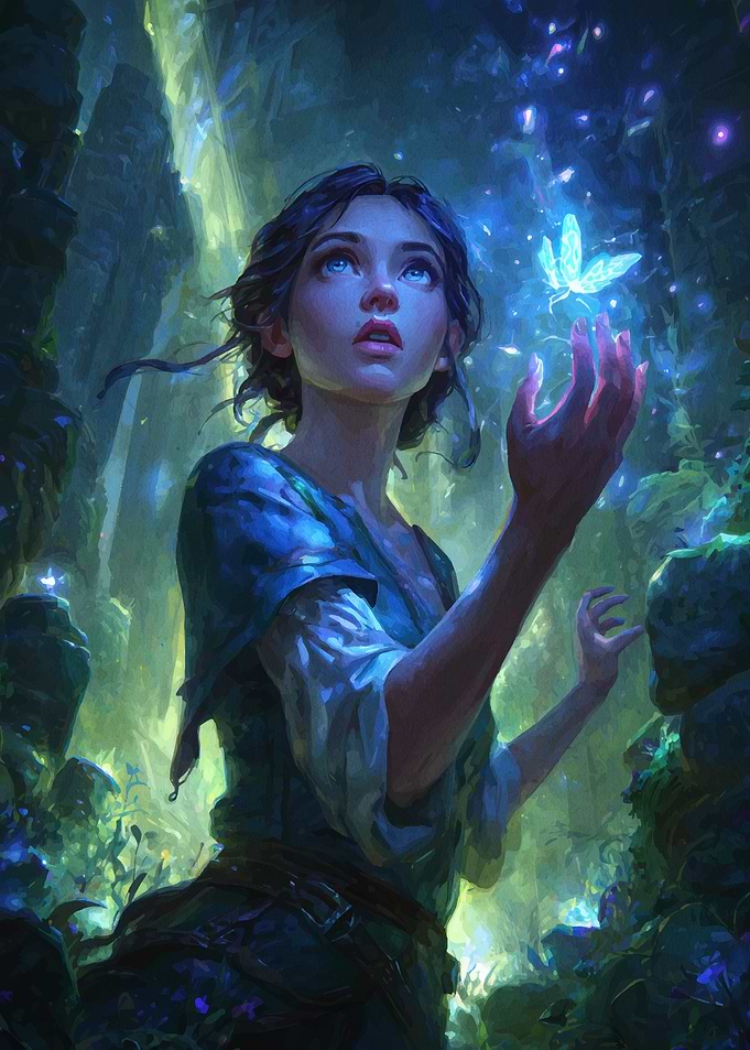 Girl with Butterfly in Enchanted Forest