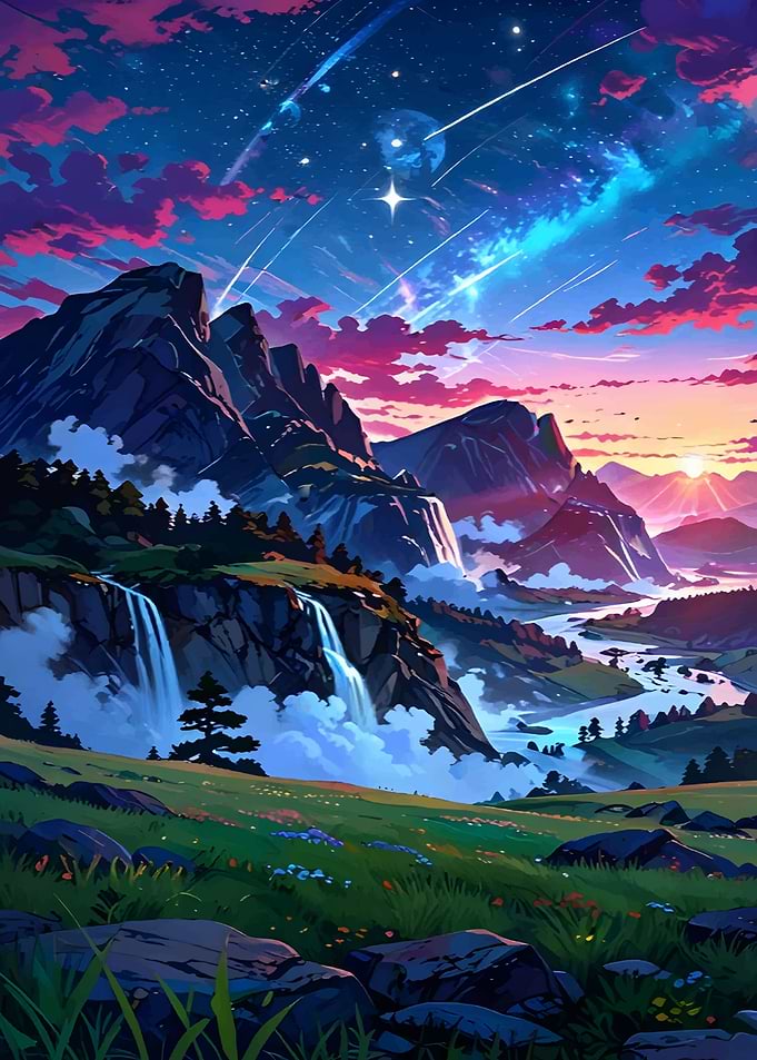Anime Landscape with Waterfalls and Stars
