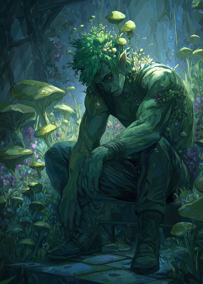 Green Forest Creature in Thoughtful Pose