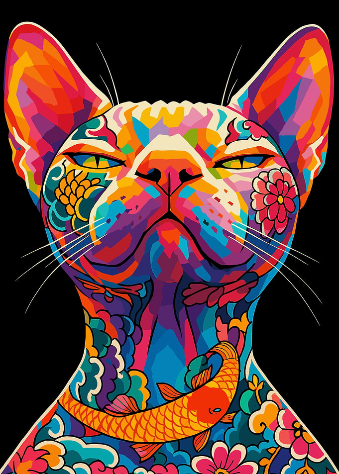 Colorful Cat Portrait with Floral Designs