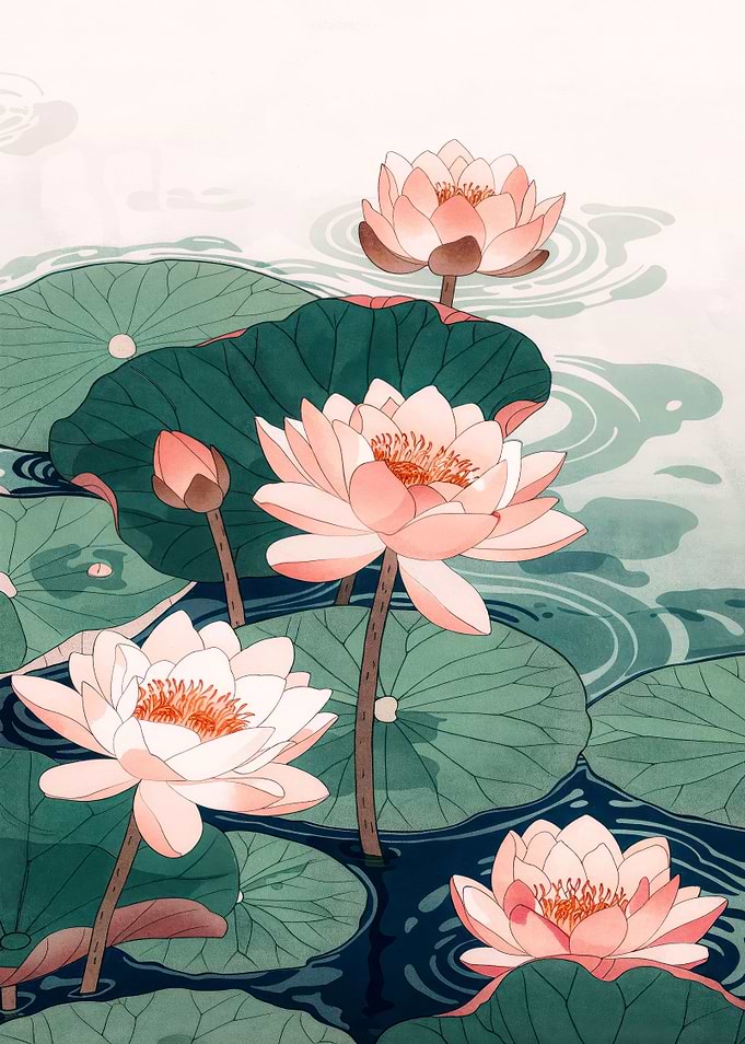 Japanese Wall Art Floral Painting Pink Pastel Green botanical Flower Poster