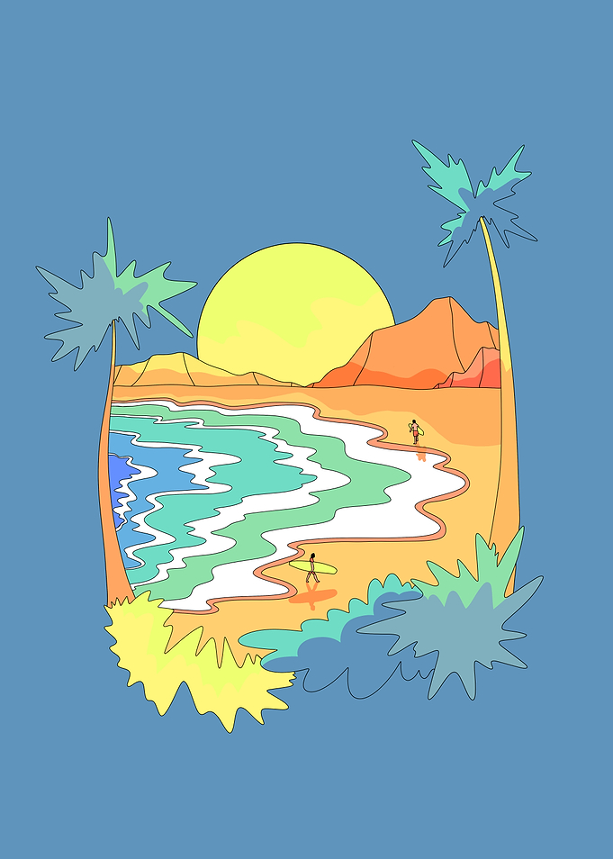 Beach scene with surfers and palms