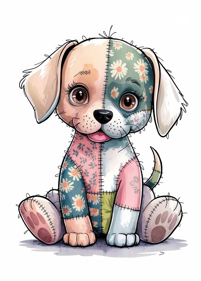 Cute Patchwork Puppy Illustration - Kawaii Patchwork Puppy | Creative Stitched Plush Art