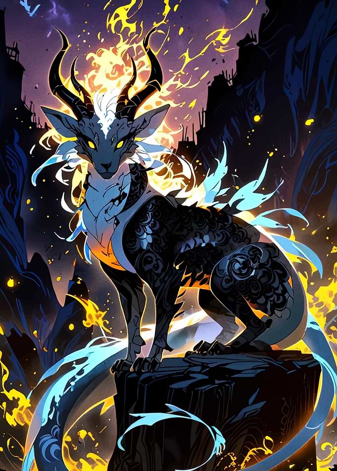 Fantasy Creature with Horns and Fire