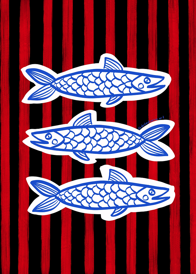 Three Blue Fish on Striped Background