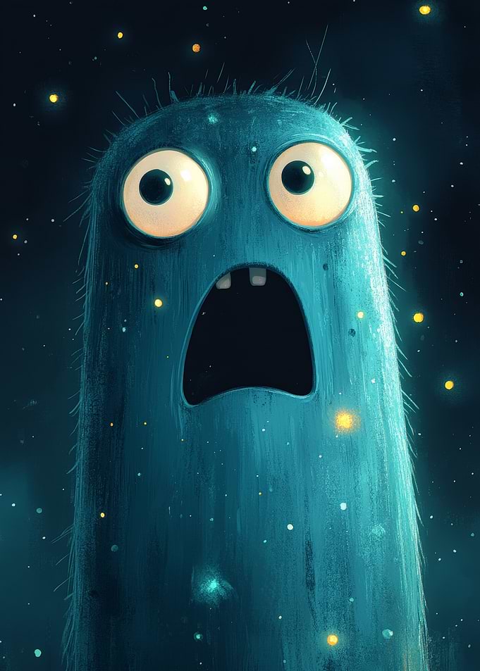 Surprised Blue Monster with Glowing Specks