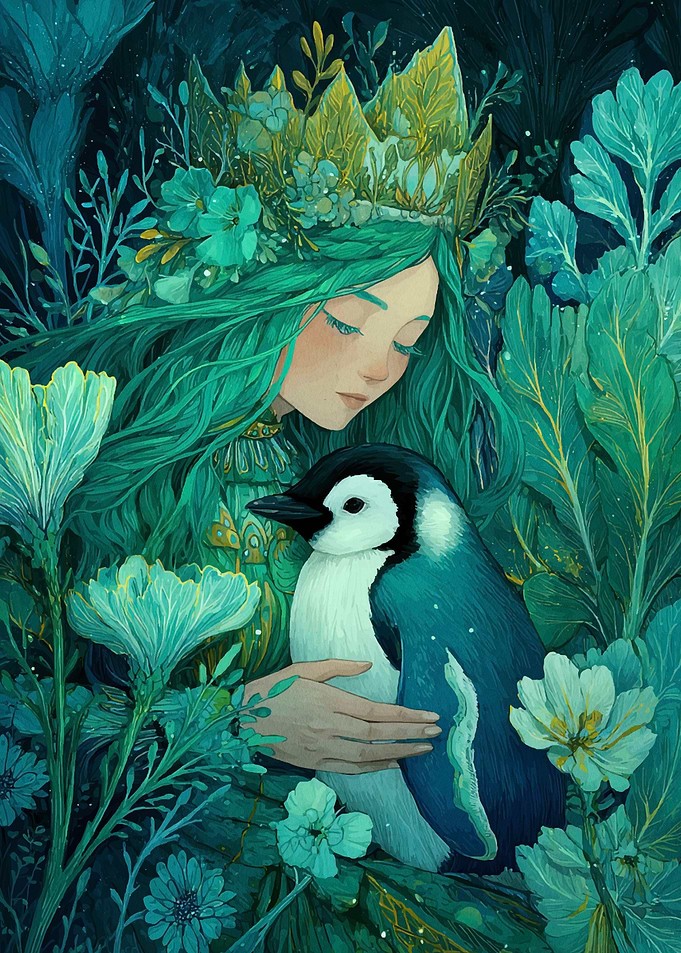 Woman with Penguin in Floral Setting