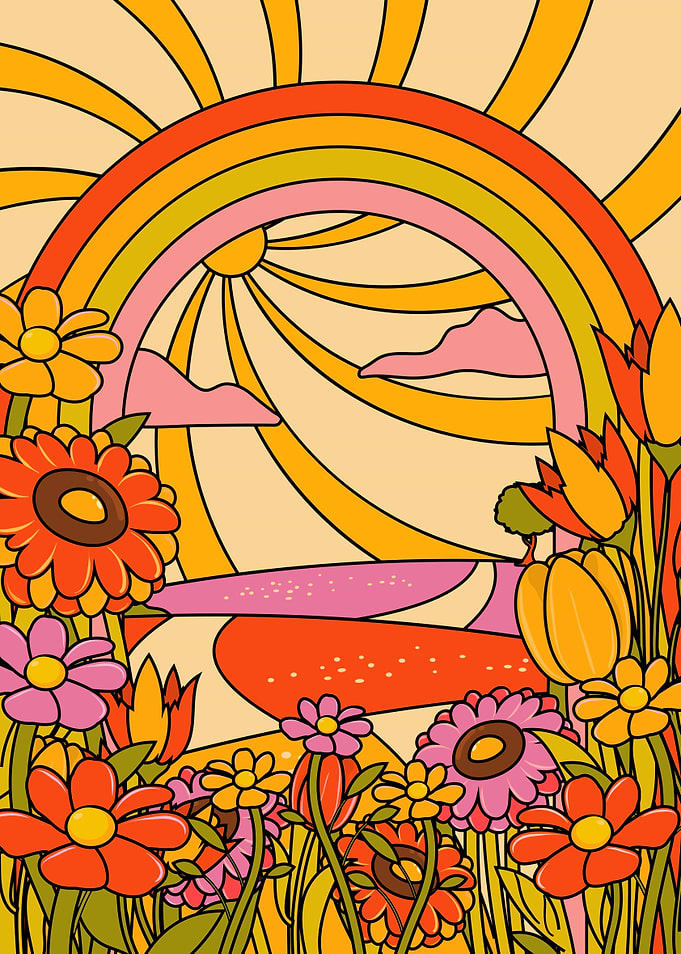 Retro Floral Rainbow Landscape Illustration
