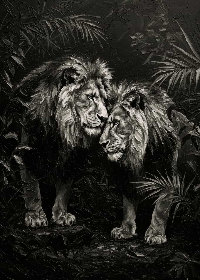 Monochrome Lions in Jungle Painting