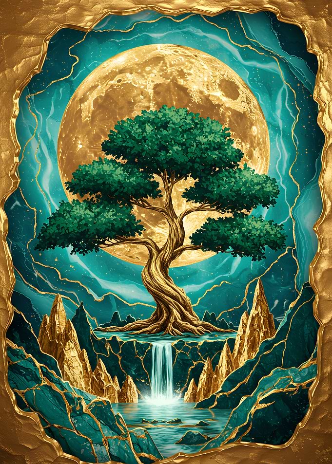 Golden Tree, Moon, and Waterfall
