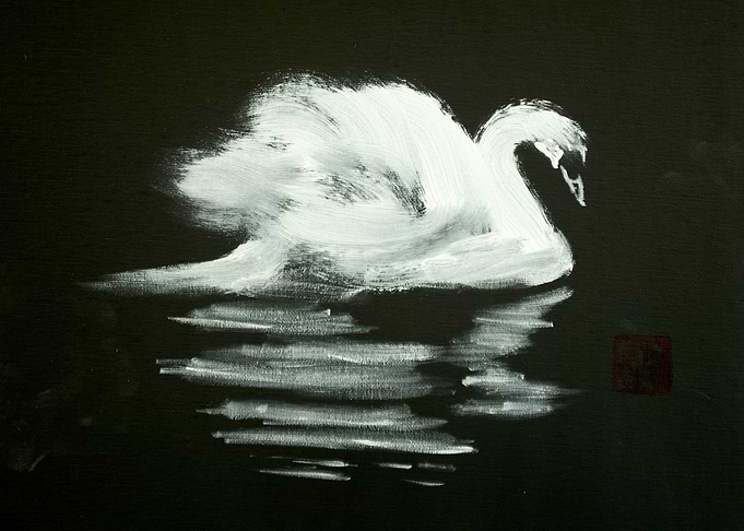 White Swan on Black Water Painting