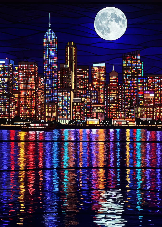 Night Cityscape with Moonlit Reflections