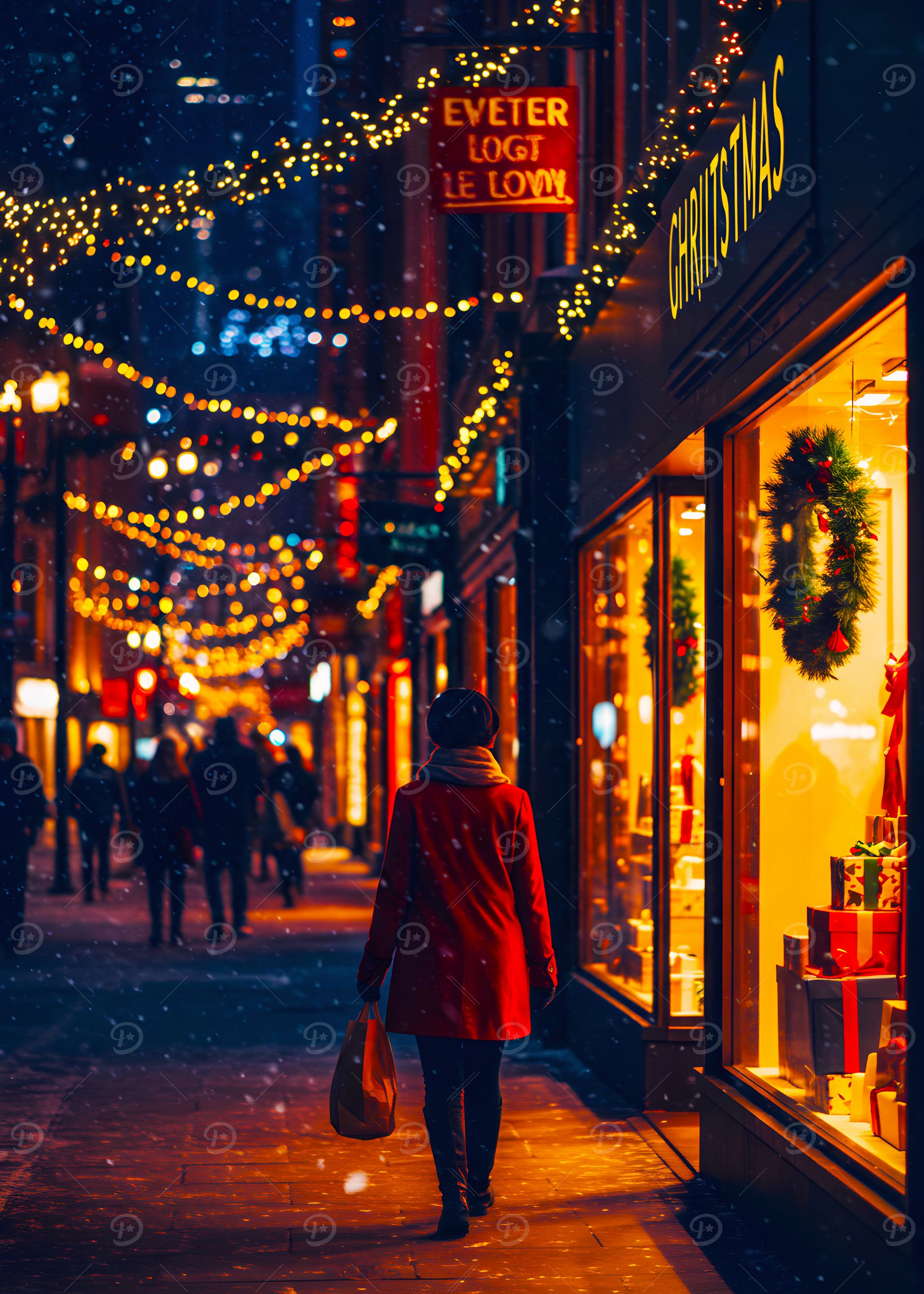 Christmas shopping on a snowy night