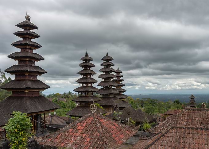 Balinese Temples Under Cloudy Sky