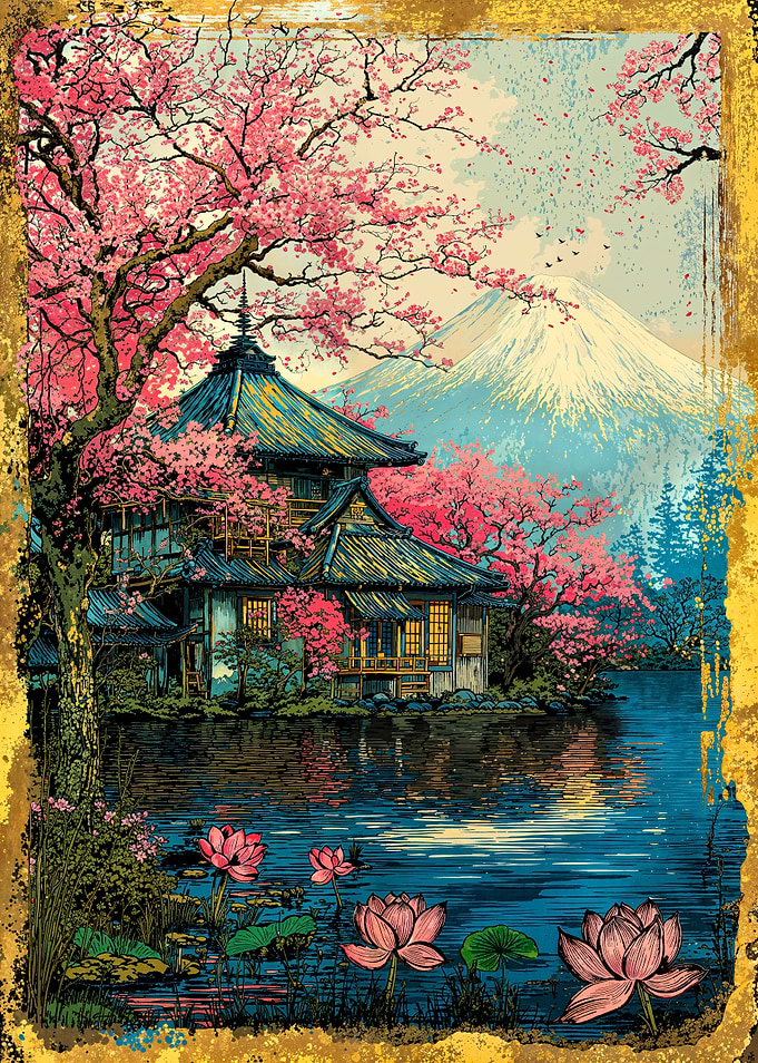 Fuji’s Sacred Bloom Retro Art