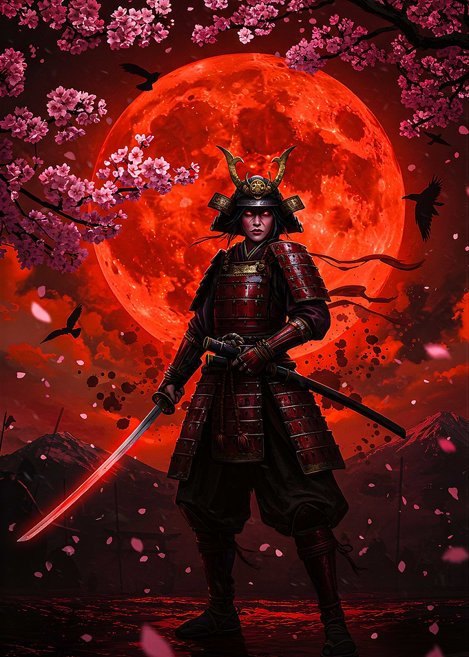 Samurai Warrior with Red Moon