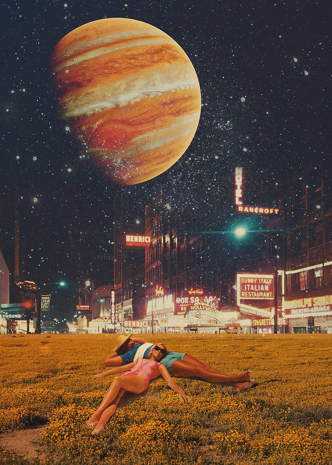 Surreal Cityscape with Jupiter and People