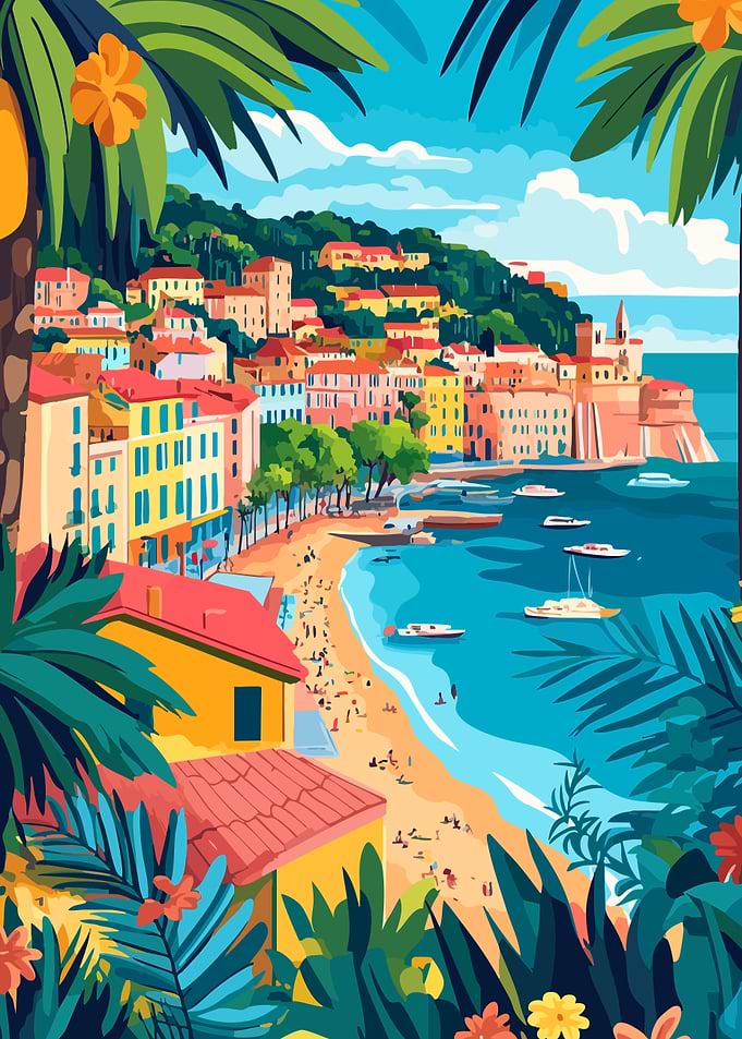 Mediterranean Coastal Town Palm Trees Abstract Minimalist Art Illustration