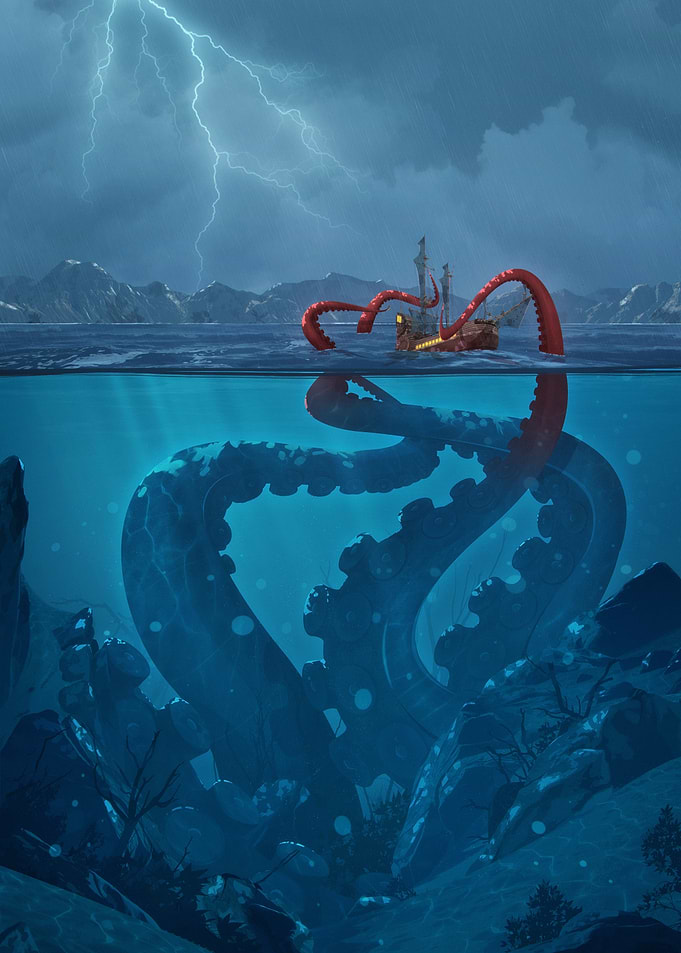 Kraken attacking ship in stormy sea