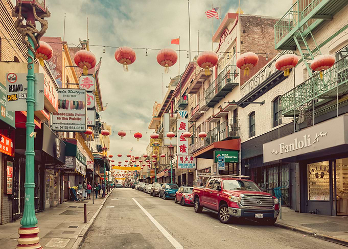 Chinatown street with red lanterns
