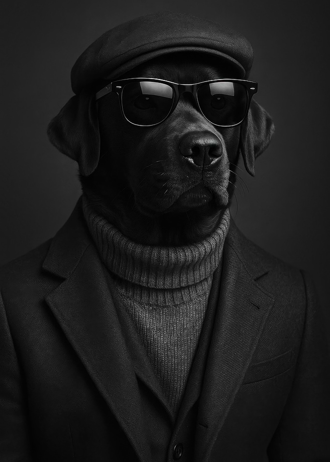 Dapper Dog in Suit and Shades - Cool Black Labrador with Sunglasses & Tweed Hat - Stylish Dog Portrait