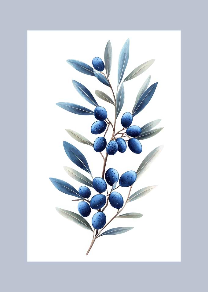 Blue Olives Branch Watercolor Illustration | Minimalist Botanical Wall Art