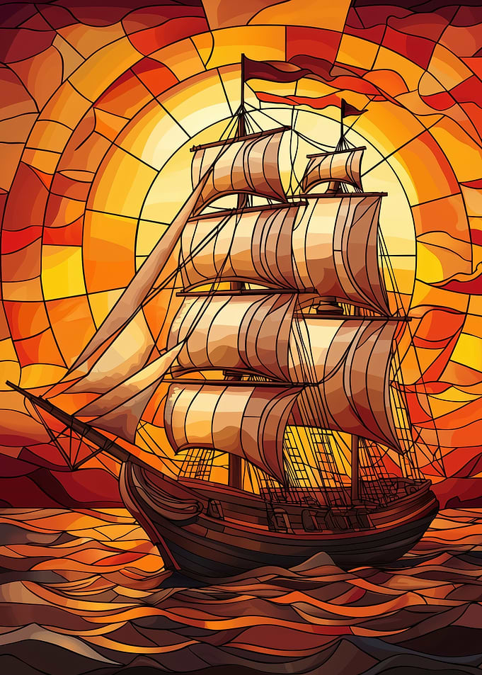 Sailing Ship at Sunset Stained Glass