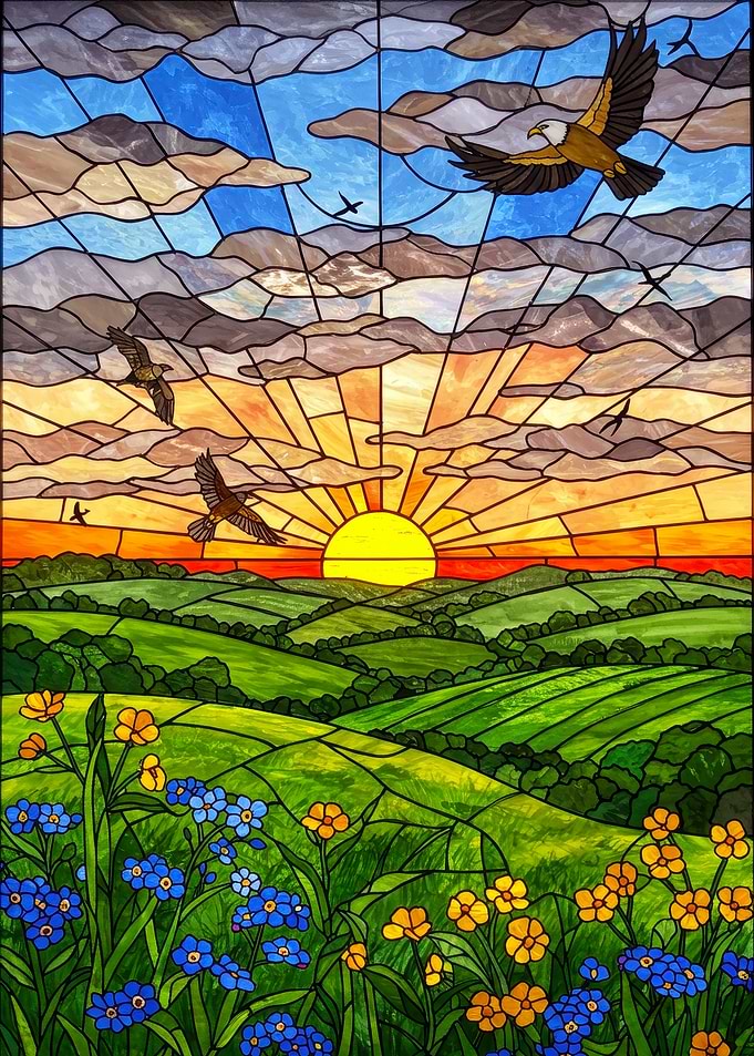 Stained Glass Landscape with Birds