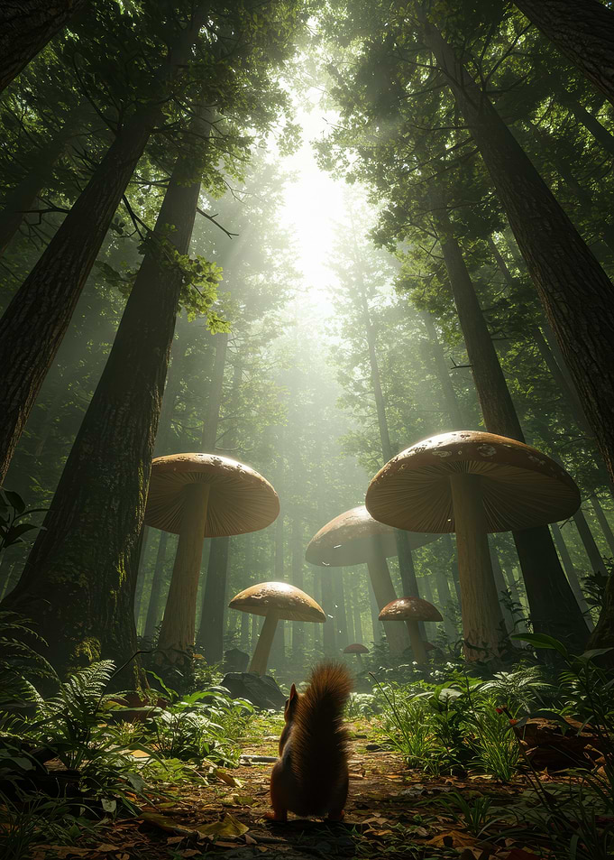 Squirrel in a Giant Mushroom Forest