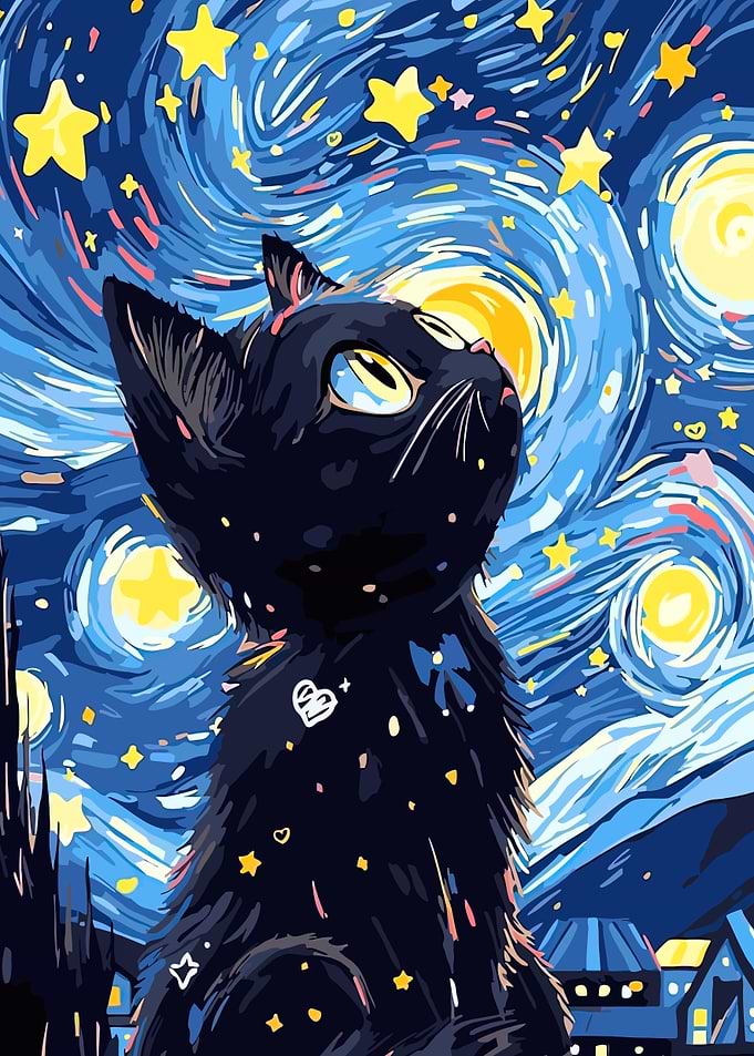 Black Cat Starry Night Painting
