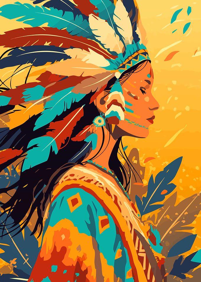 Native American Woman with Feathers Portrait Minimalist Art Illustration