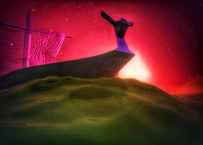 Abstract Viking Ship on Green Sea