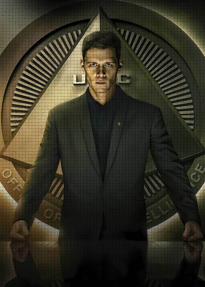 Officer in front of Intelligence Seal