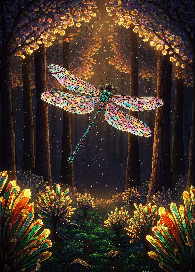 Stained Glass Dragonfly in Forest