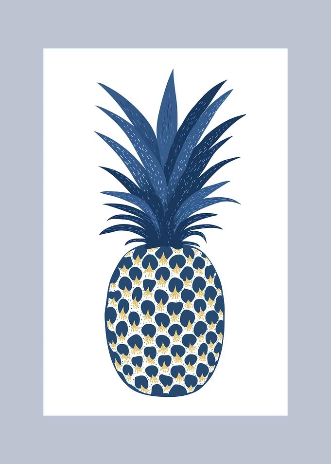 Blue and Gold Pineapple Illustration | Tropical Fruit Wall Art