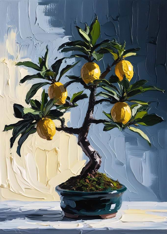 Serene Bonsai Lemon Tree Oil Painting