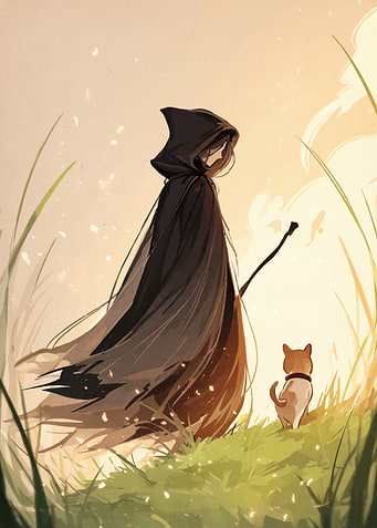 Hooded Figure with Dog in Field