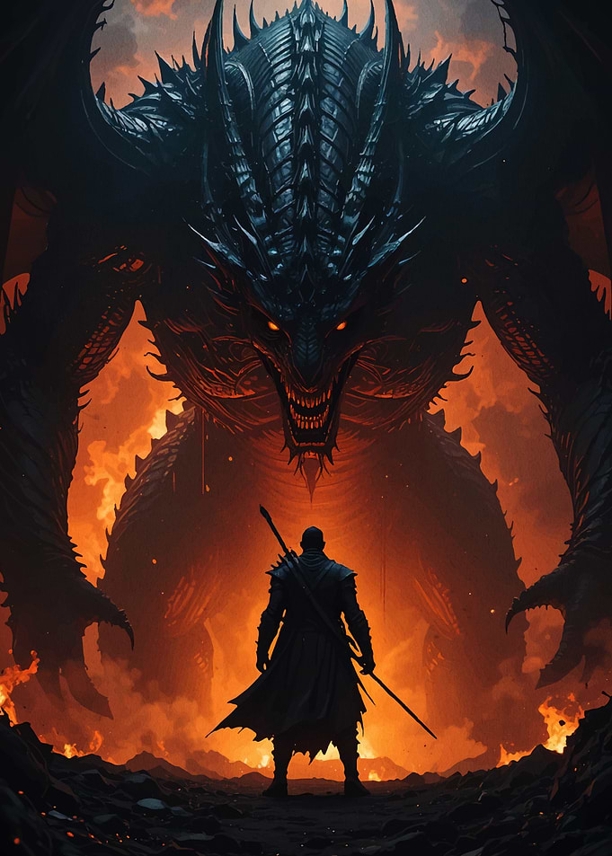 Dragon Confrontation Man Monster