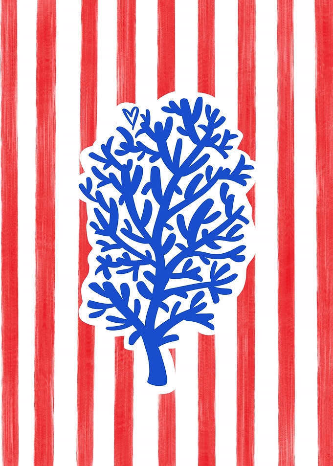 Coral blue Tree on Red and White Stripes